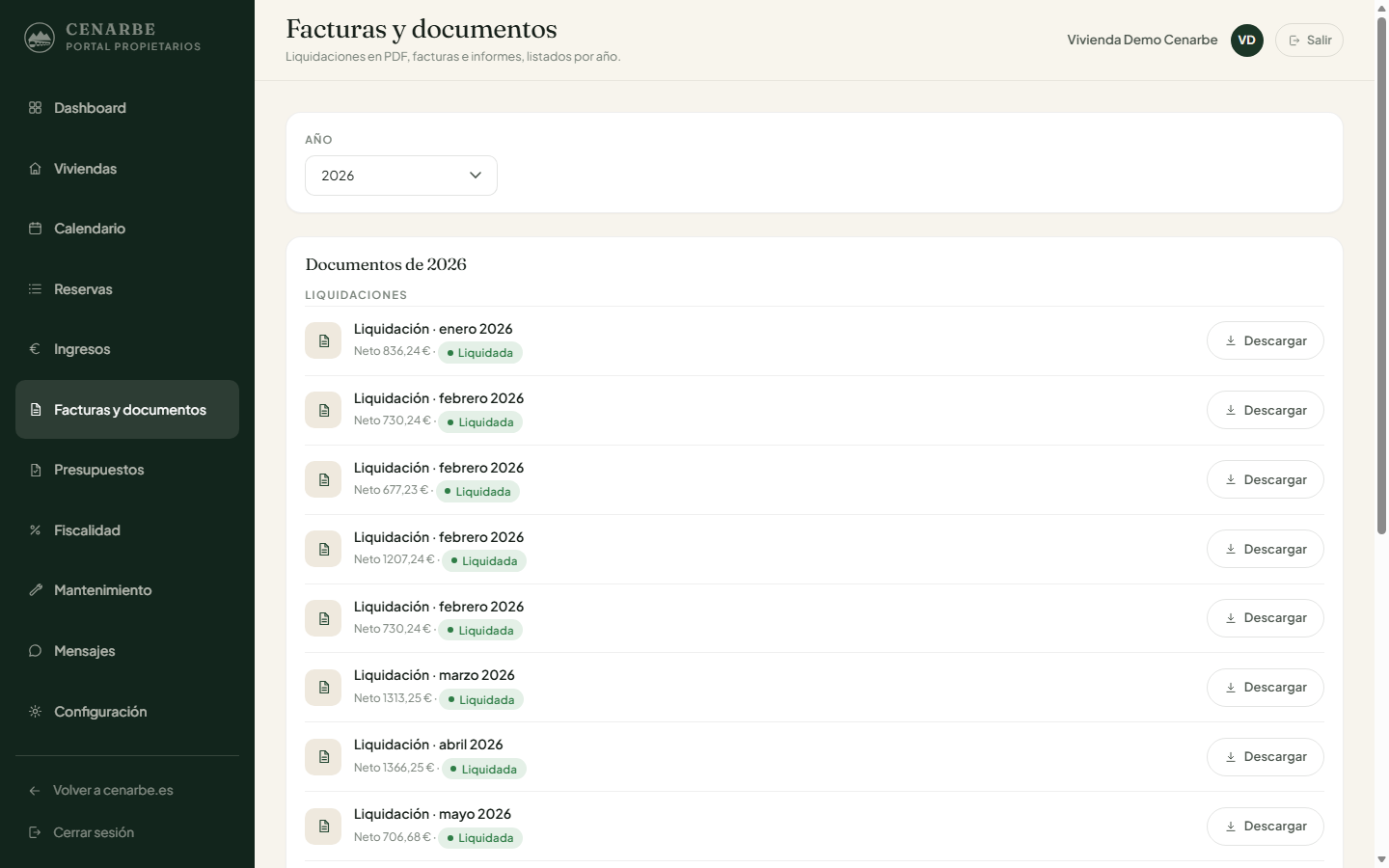 Sección de facturas y documentos del portal: liquidaciones mensuales con su neto y botón de descarga en PDF.