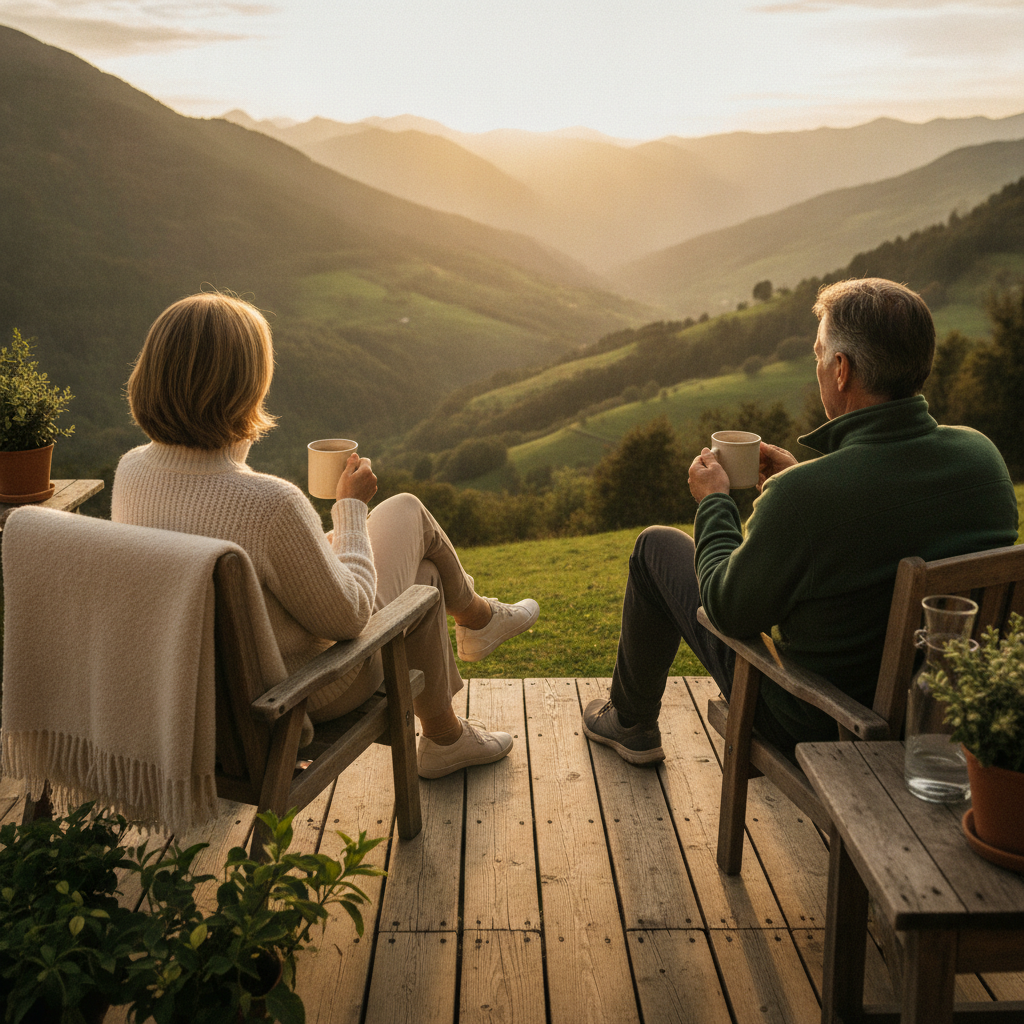 Pareja de propietarios tomando un café en la terraza de madera de su vivienda, contemplando tranquilamente el valle al atardecer