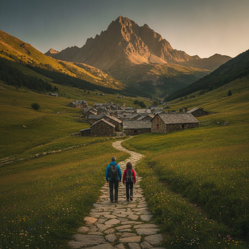 Dos personas caminando por un sendero de piedra hacia un pueblo pirenaico al atardecer