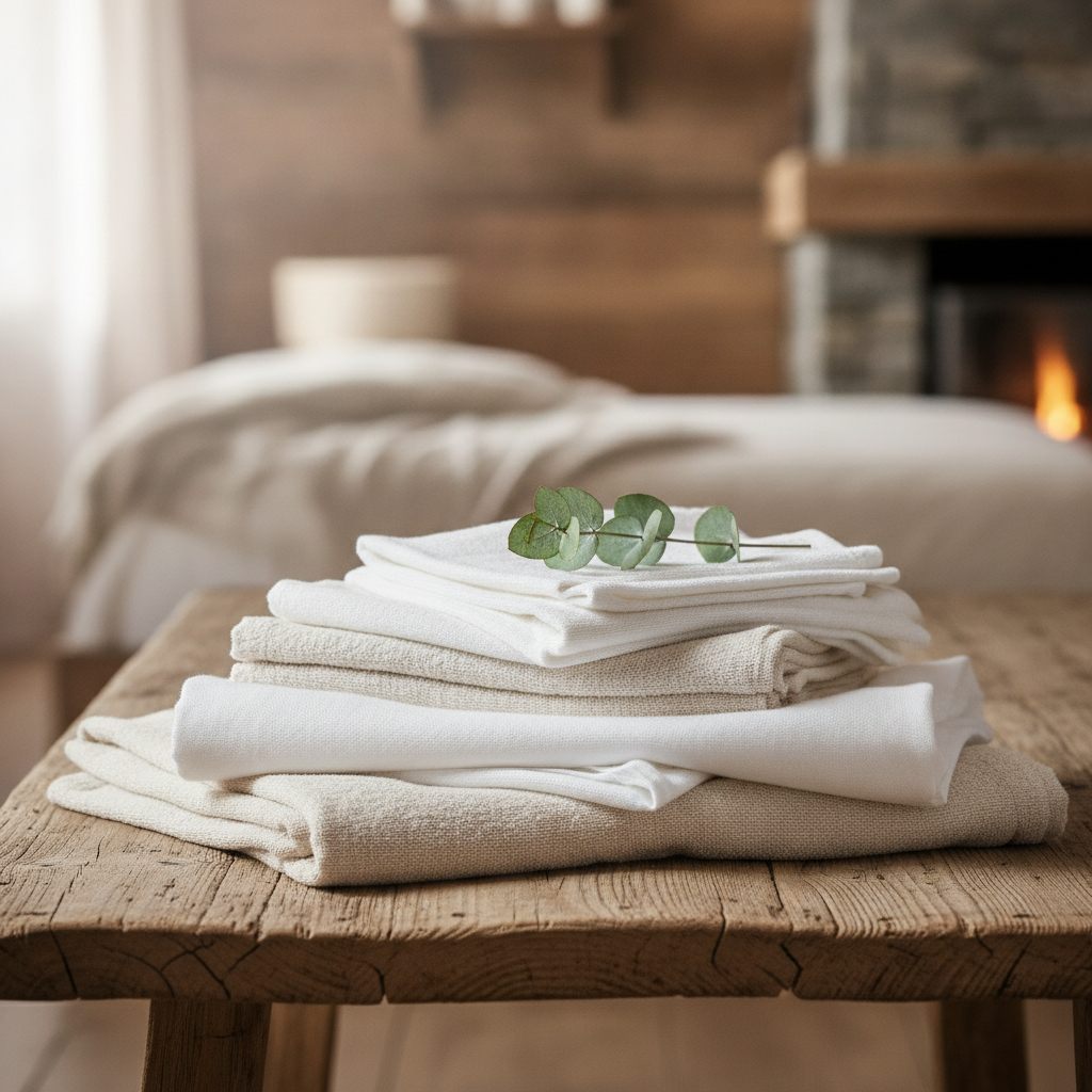 Toallas y sábanas blancas recién dobladas sobre una mesa de madera con luz suave de ventana