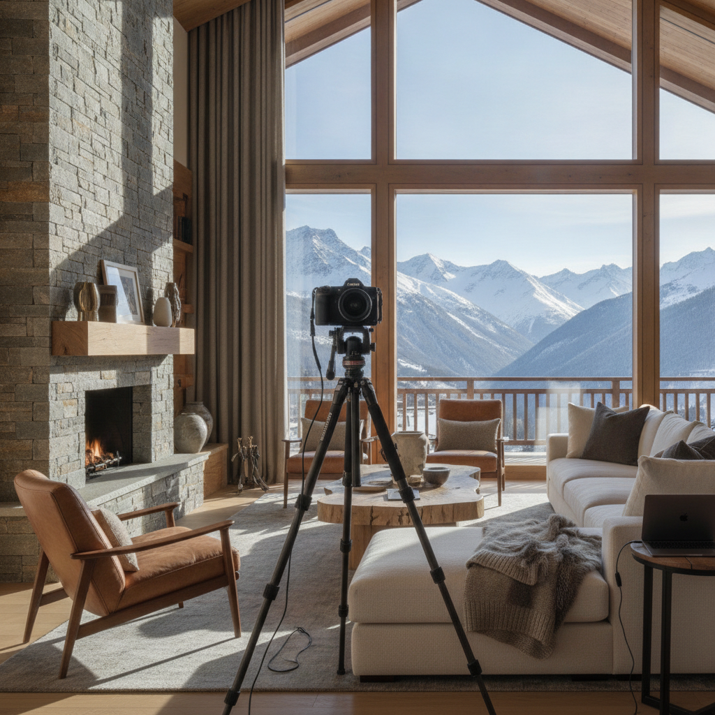 Cámara sobre trípode preparada para fotografiar el salón de un chalet con chimenea, grandes ventanales y vistas a las montañas nevadas del Pirineo