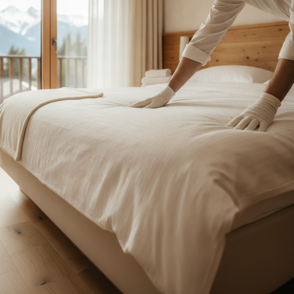 Profesional de limpieza con guantes blancos alisando la ropa de cama de un dormitorio de vivienda turística con las montañas del Pirineo tras la ventana